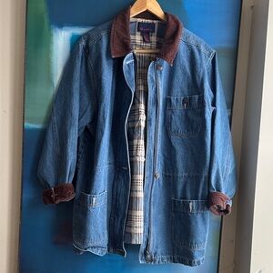 Denim&Co Vintage Blue Denim Barn Jacket with Brown Corduroy Collar
